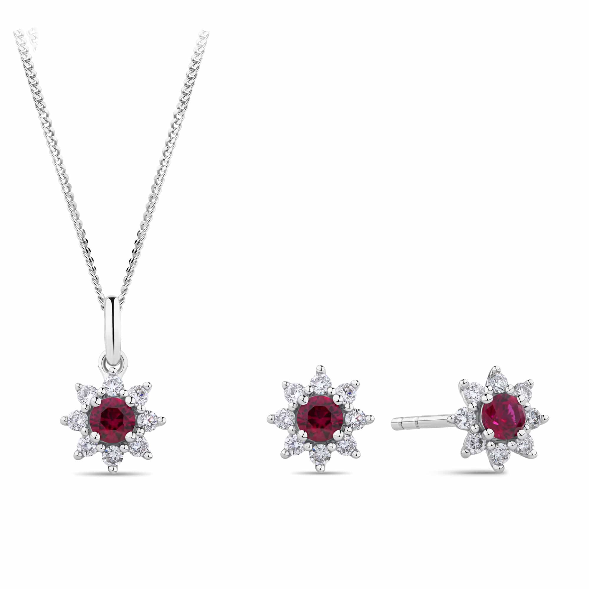 Created Ruby & 0.30ct TDW Lab-Grown Diamond Halo Pendant and Earrings Set in Sterling Silver