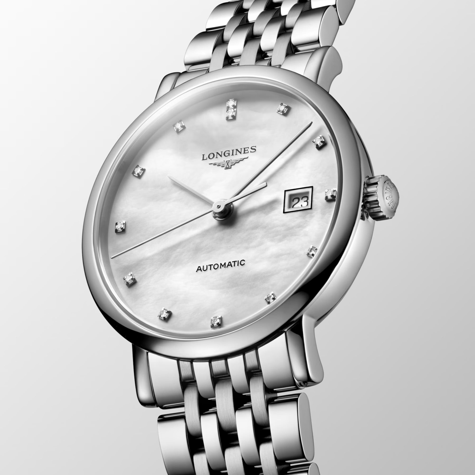 Angled front view of the Longines Elegant Automatic 29mm L4.310.4.80.6, showing the polished stainless steel case and integrated bracelet. The slightly larger 29mm case size gives this model a confident yet graceful presence on the wrist.