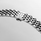Detail shot of the Longines Elegant Automatic polished stainless steel bracelet, showing the sleek link construction and high-polish finish. The integrated bracelet flows seamlessly from the case, creating a unified and sophisticated look on the wrist.