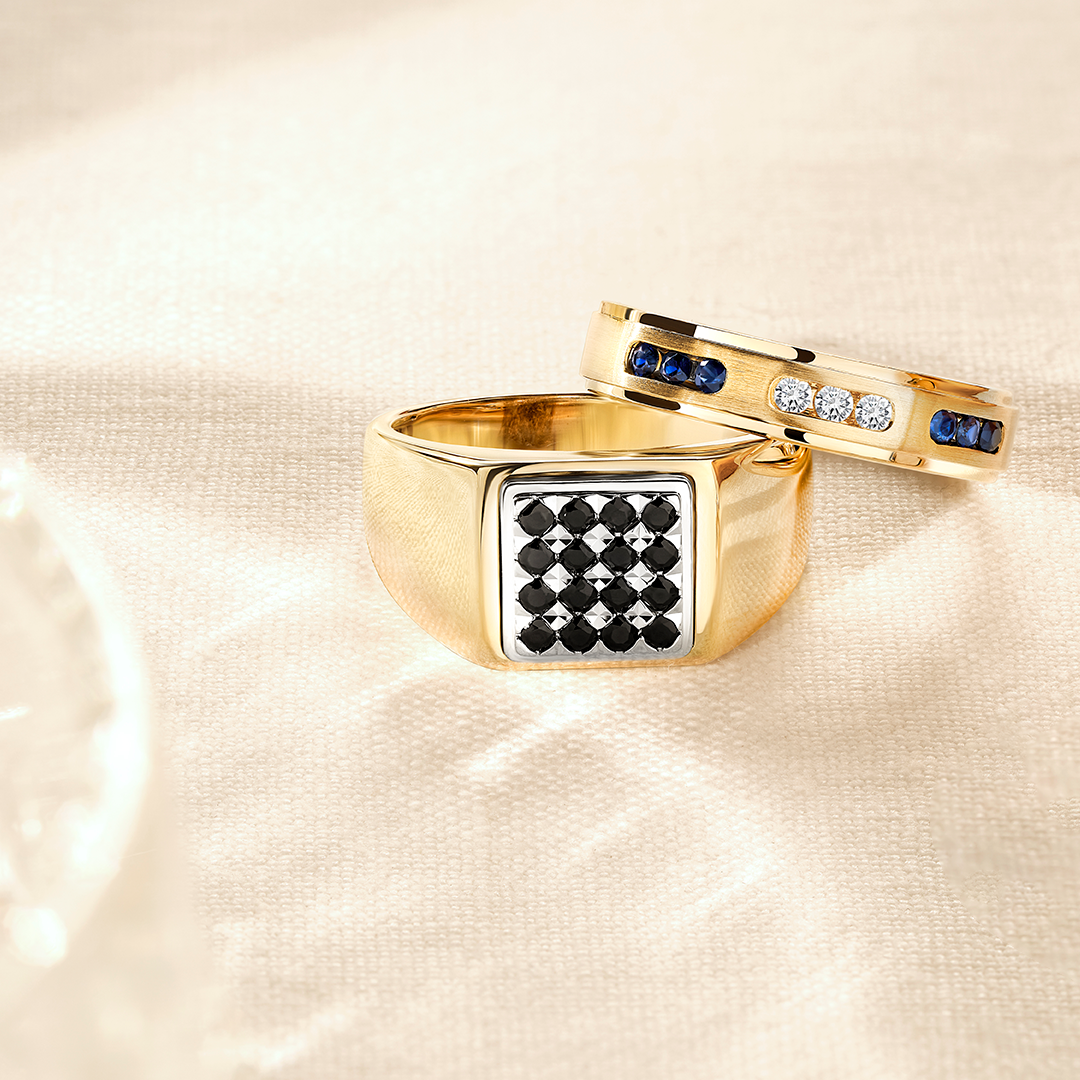 Black Sapphire Square Signet Ring in 9ct Yellow and White Gold