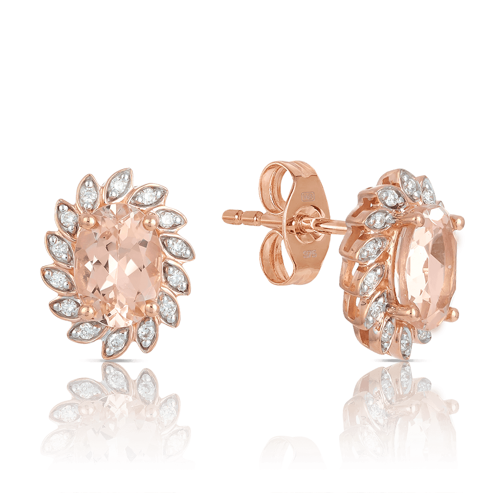 Morganite Diamond Flower Stud Earrings in 9ct Rose Gold