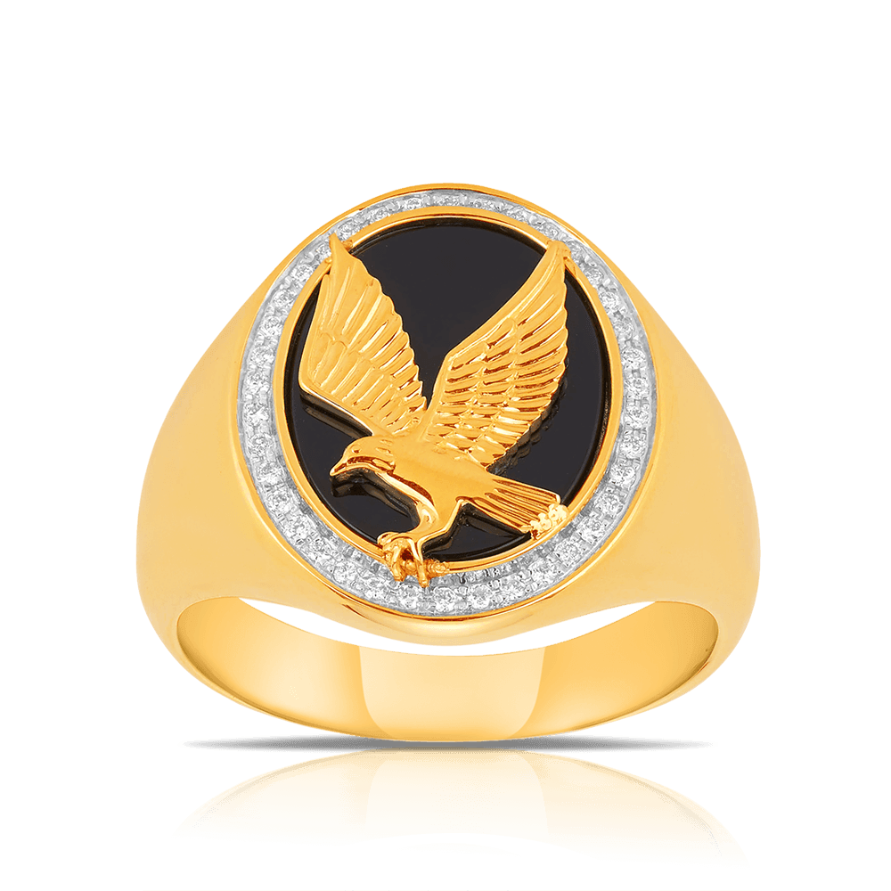 Onyx & Diamond Eagle Signet Ring in 9ct Yellow Gold
