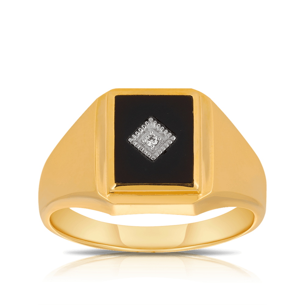 Onyx & Diamond Rectangular Ring in 9ct Yellow Gold