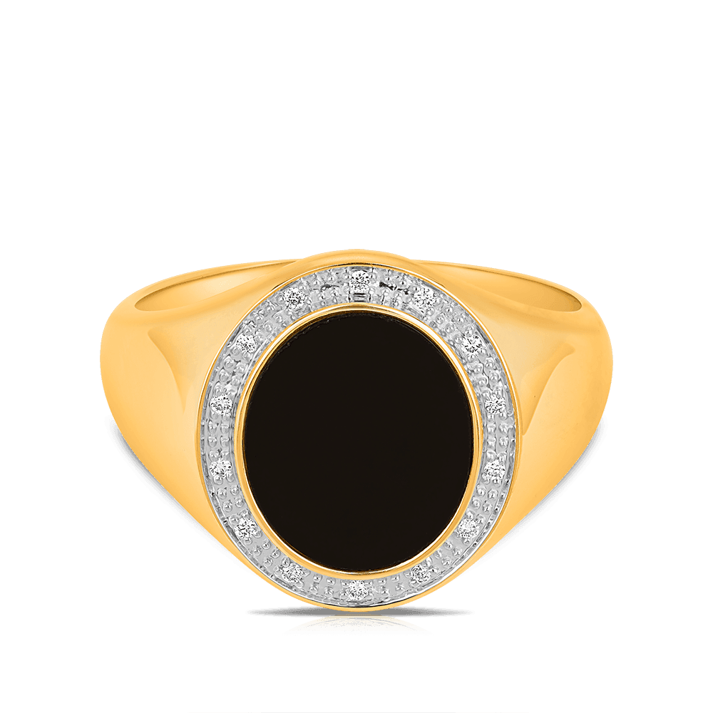 Onyx & Diamond Signet Ring in 9ct Yellow Gold