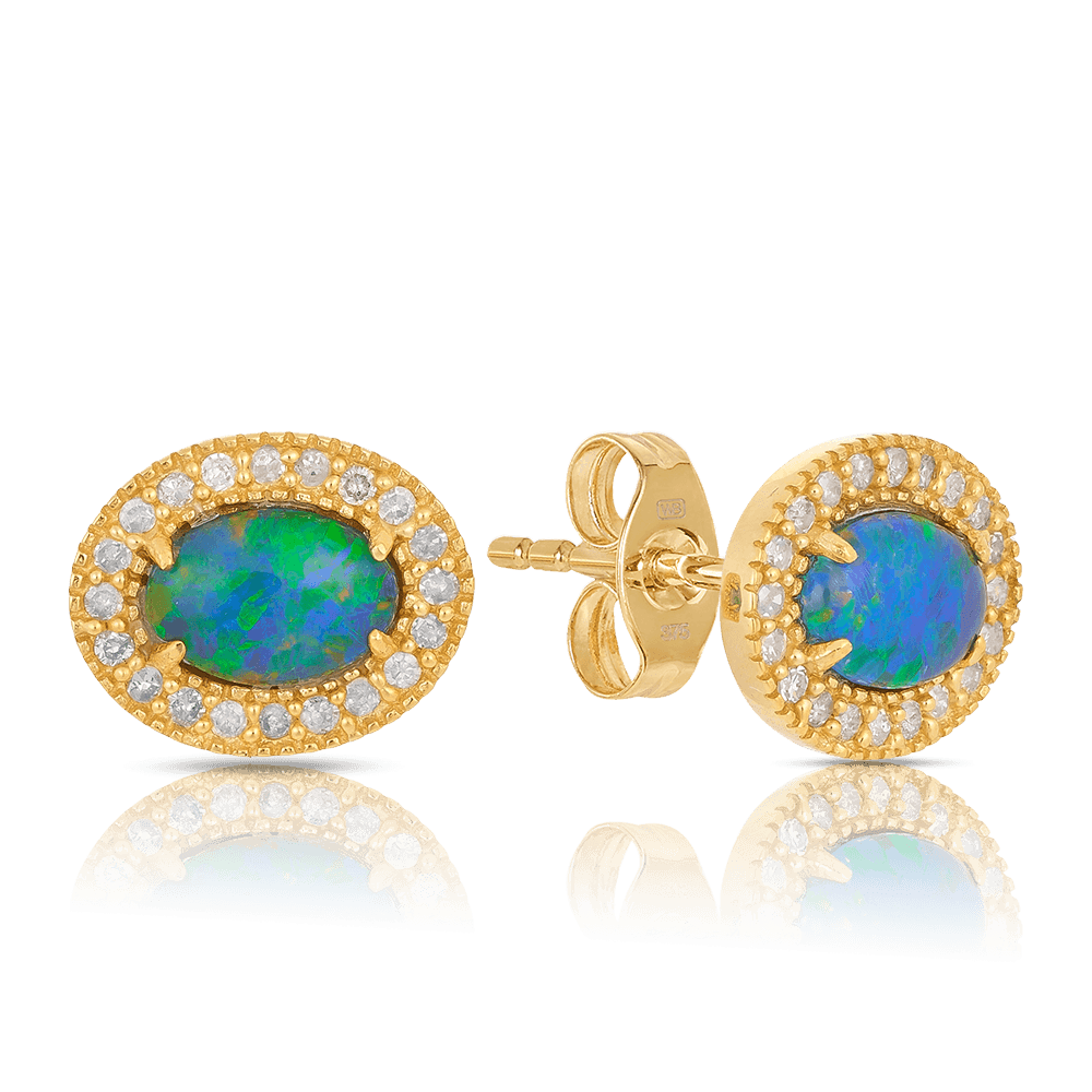 Opal & Cubic Zirconia Stud Earrings in 9ct Yellow Gold - Wallace Bishop