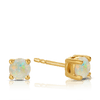 A pair of 9ct yellow gold stud earrings shown front on, featuring a 4mm round Australian white opal in a polished claw setting. Styled as an October birthstone piece.