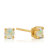 A pair of 9ct yellow gold stud earrings shown front on, featuring a 4mm round Australian white opal in a polished claw setting. Styled as an October birthstone piece.