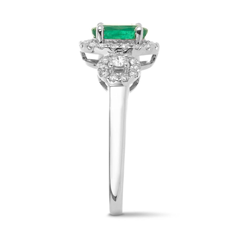 Oval Emerald & Round Brilliant Diamond Halo Trilogy Ring in 18ct White Gold TGW 0.98ct - Wallace Bishop