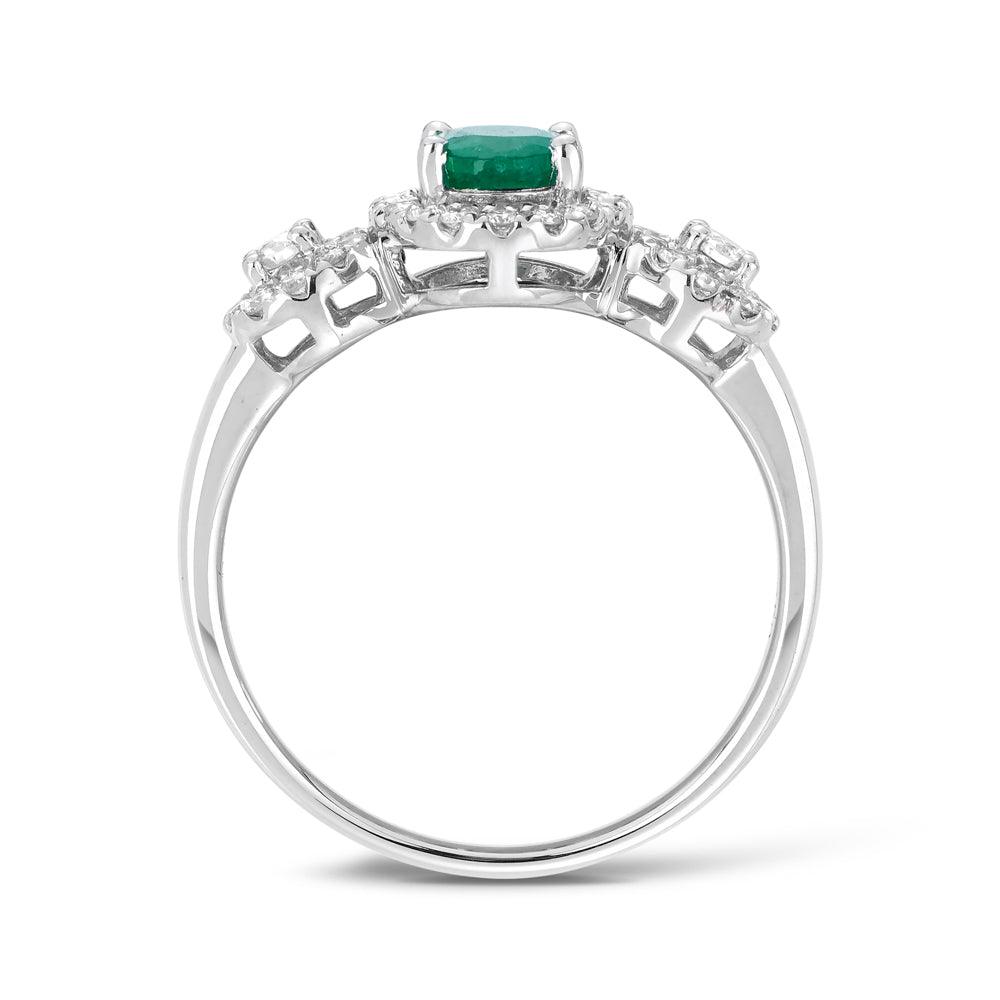 Oval Emerald & Round Brilliant Diamond Halo Trilogy Ring in 18ct White Gold TGW 0.98ct - Wallace Bishop