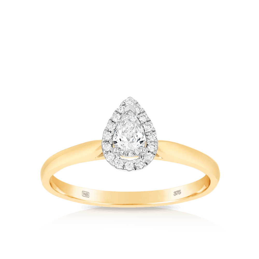 0.30ct TW Pear Cut Diamond Halo Engagement Ring in 9ct Yellow Gold