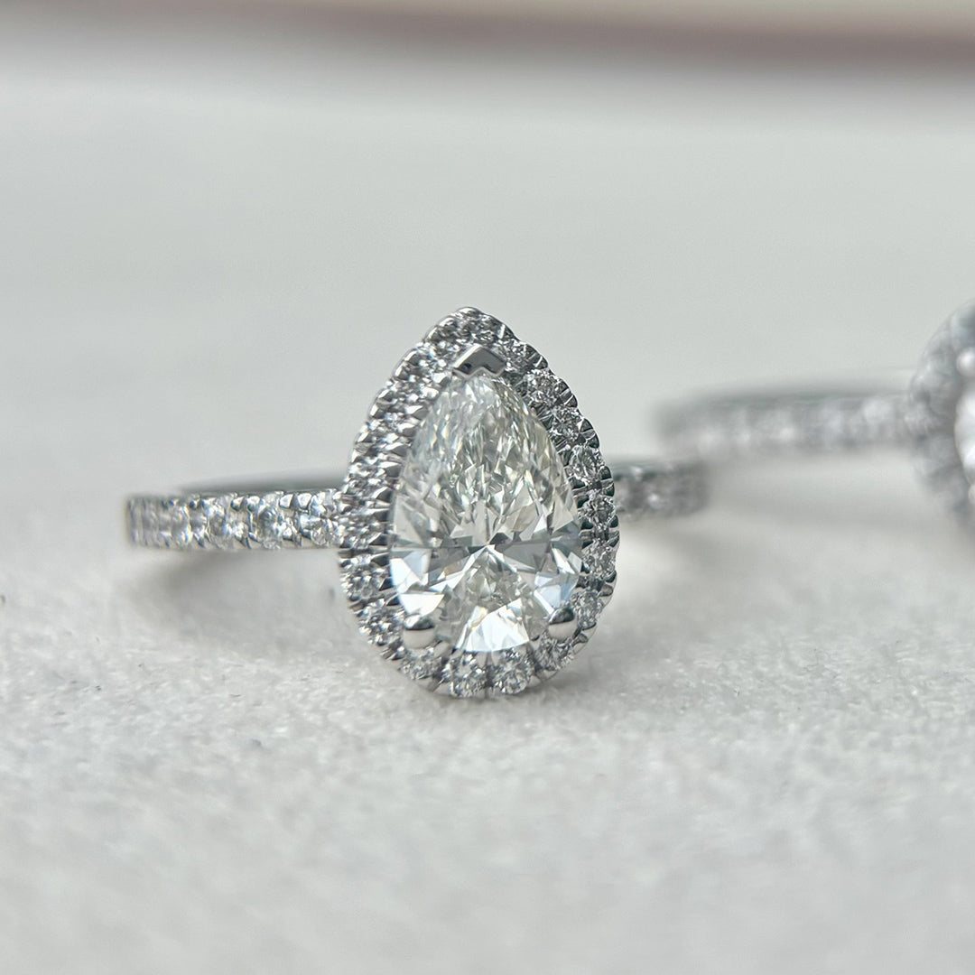 Everlasting 1.79ct TW Pear Lab-Grown Diamond Classic Halo Pave Band Engagement Ring in 18ct White Gold
