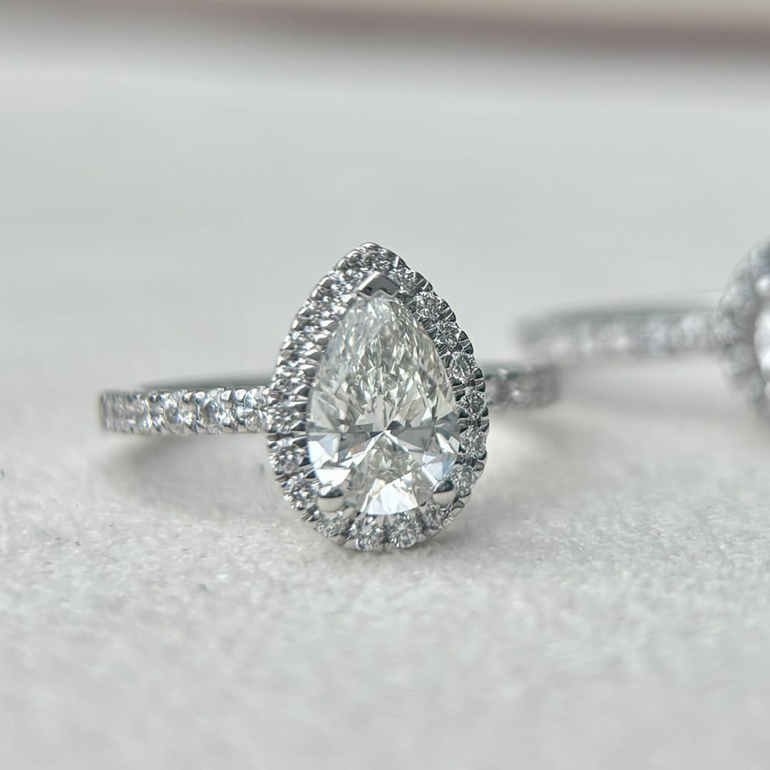 Everlasting 1.79ct TW Pear Lab-Grown Diamond Classic Halo Pave Band Engagement Ring in 18ct White Gold