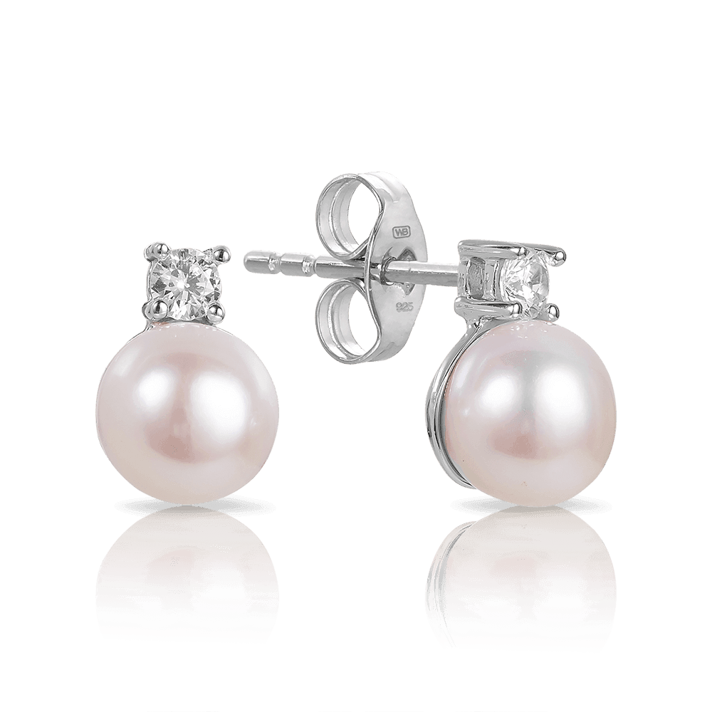 Freshwater Pearl and Cubic Zirconia Studs in Sterling Silver