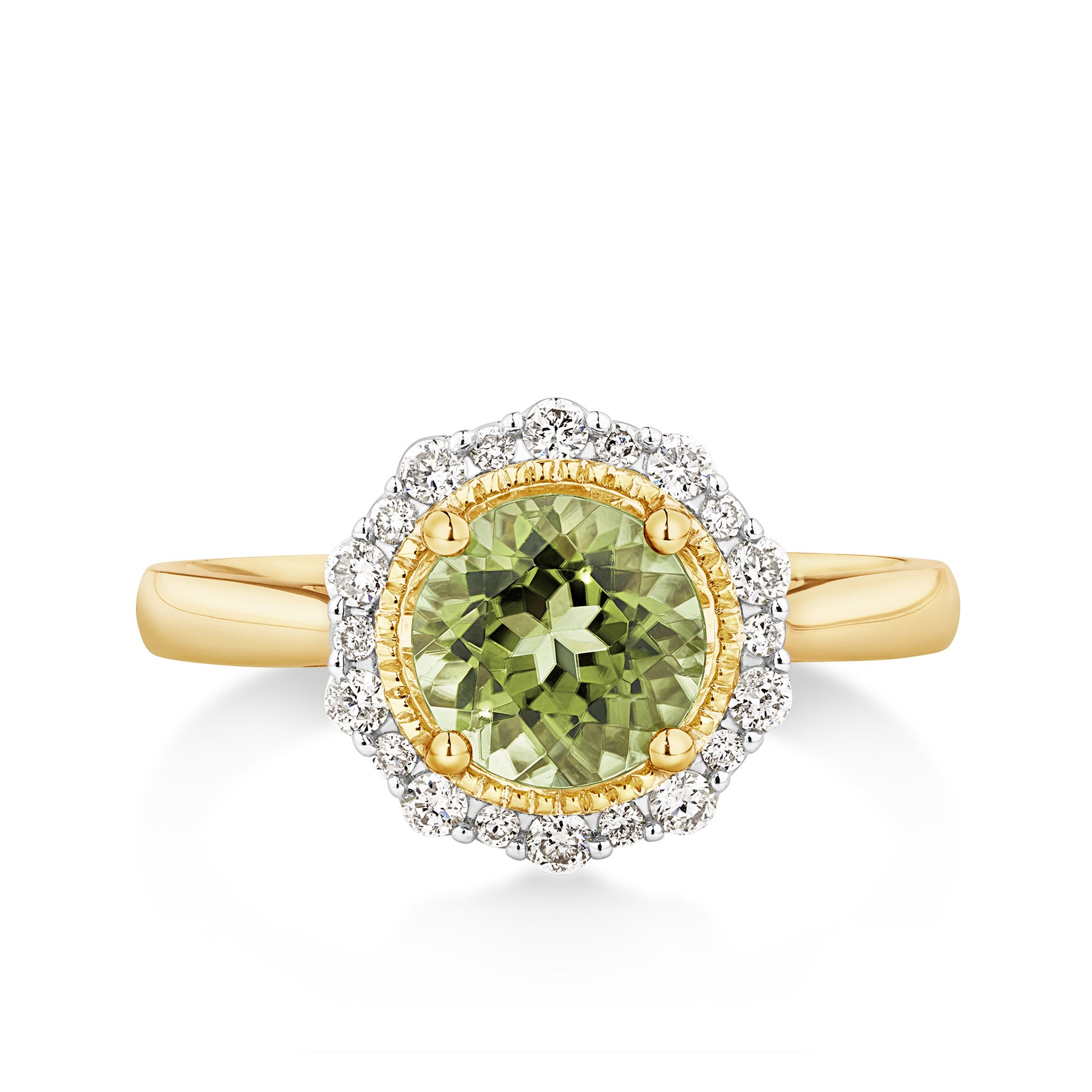 Bluebird™ Peridot & Diamond Halo Ring set in 9ct Yellow Gold