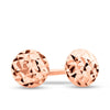 A pair of 9ct rose gold stud earrings shown front on, featuring a petite 3mm round disk with a diamond-cut faceted pattern. Secured with a classic butterfly clasp for a delicate, everyday-ready finish.