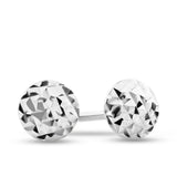 A pair of 9ct white gold stud earrings shown front on, featuring a petite 3mm round disk with a diamond-cut faceted pattern. Secured with a classic butterfly clasp for a delicate, everyday-ready finish.