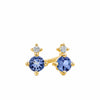 A pair of 9ct yellow gold stud earrings shown front on, featuring a natural round brilliant cut diamond set above a round 3mm tanzanite gemstone. Secured with a butterfly clasp, styled as a meaningful December birthstone gift.