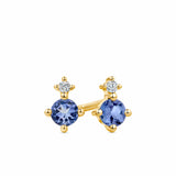 A pair of 9ct yellow gold stud earrings shown front on, featuring a natural round brilliant cut diamond set above a round 3mm tanzanite gemstone. Secured with a butterfly clasp, styled as a meaningful December birthstone gift.