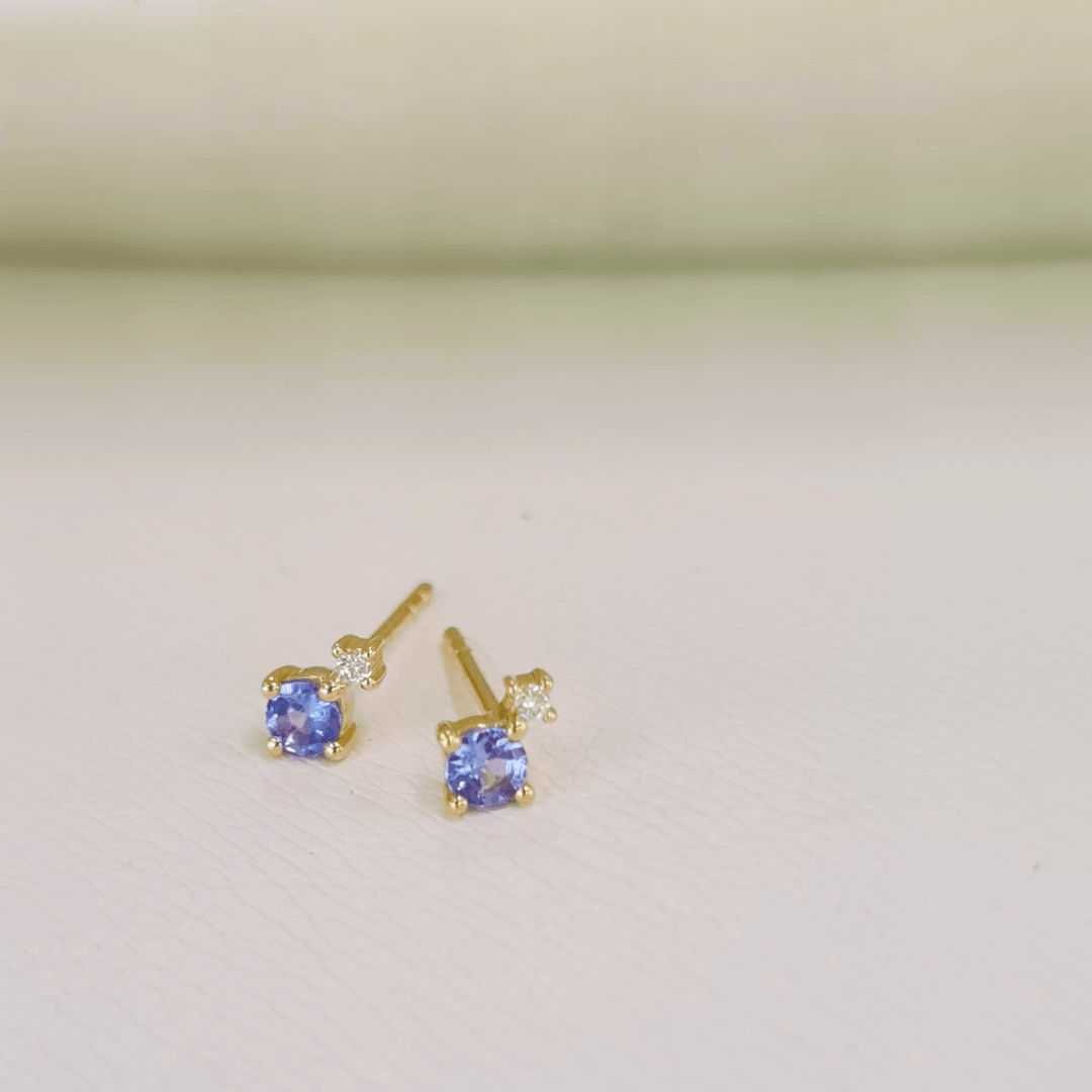 Petite Tanzanite & Diamond Earrings in 9ct Yellow Gold