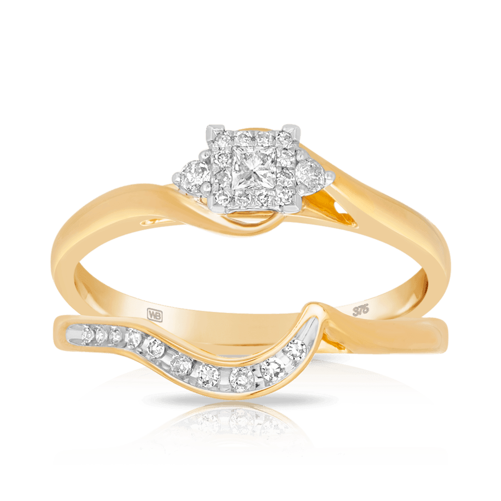 0.20ct TW Princess Cut Diamond Halo Engagement & Wedding Bridal Set Rings in 9ct Yellow Gold