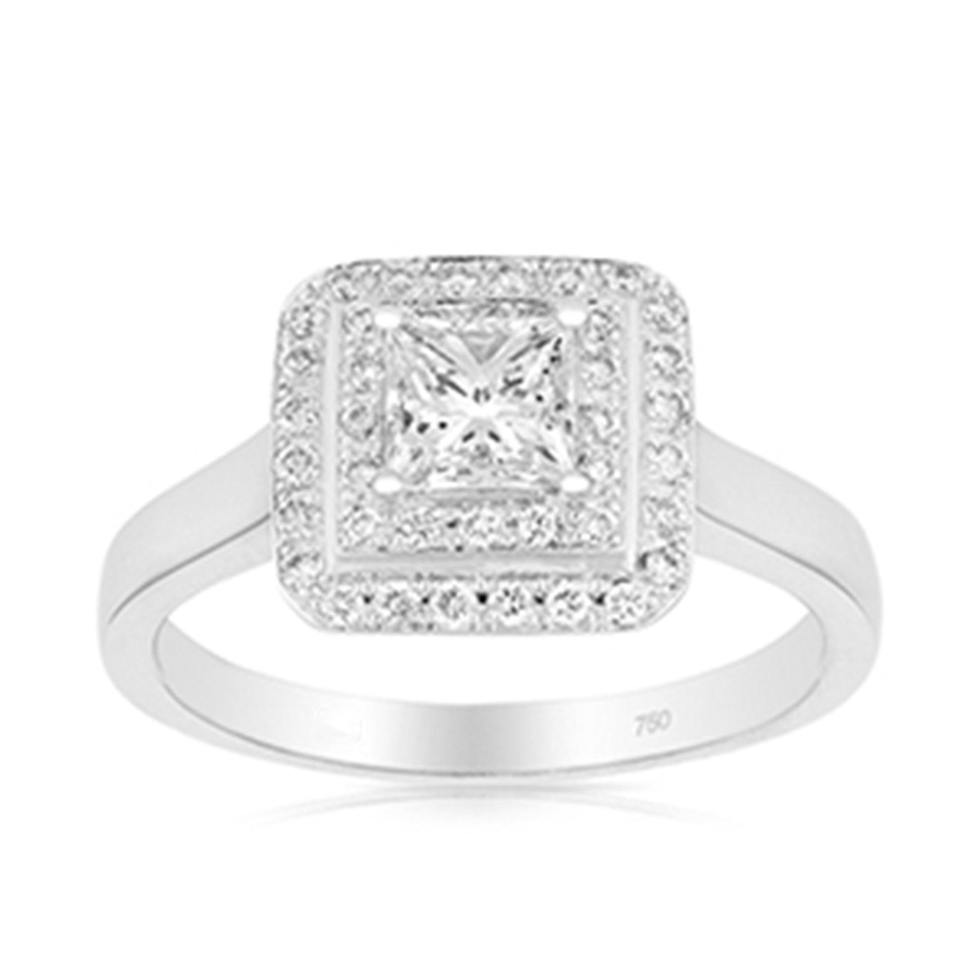 0.70ct TW Princess Cut Diamond Halo Engagement Ring in 18ct White Gold