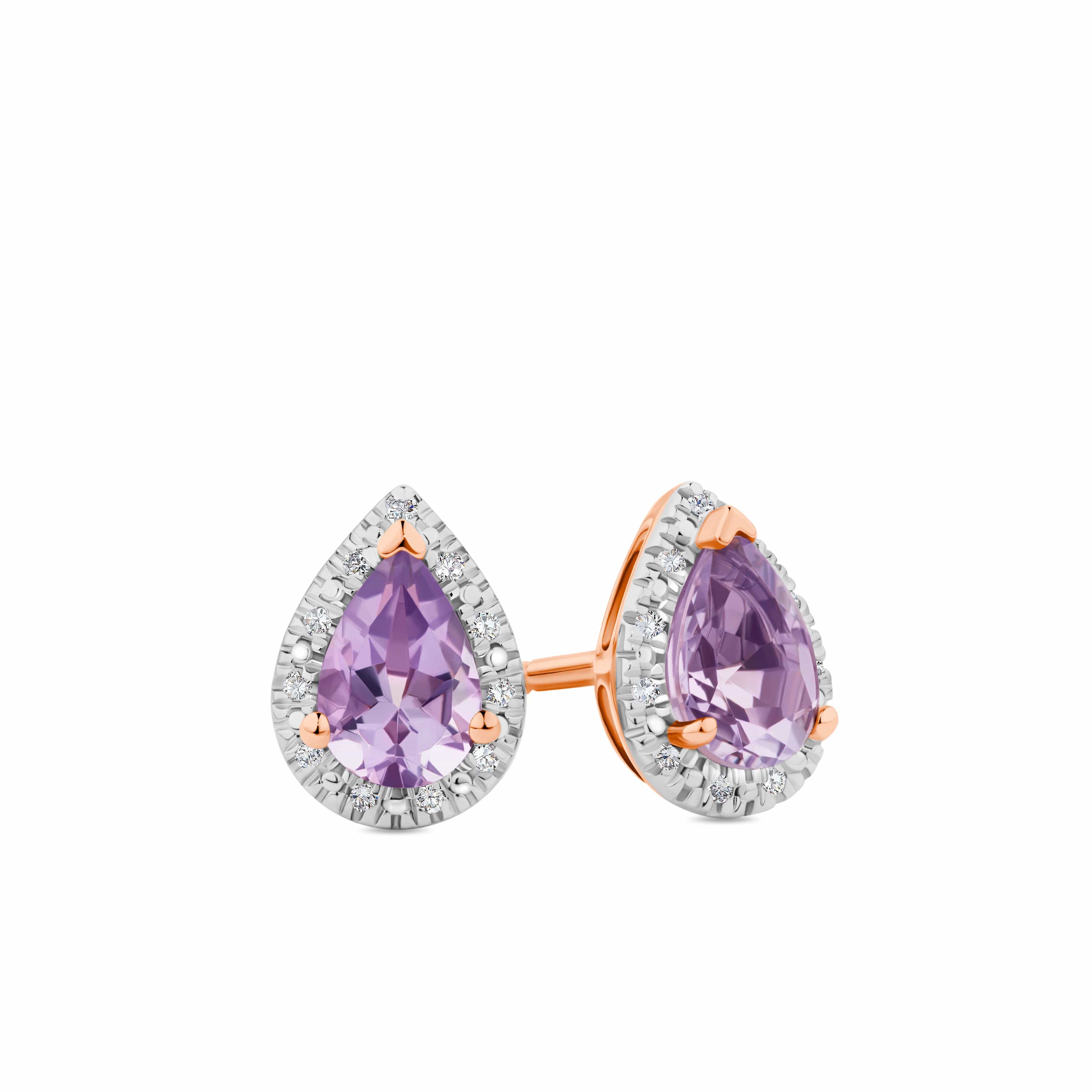Purple Amethyst & Diamond Pear Halo Earrings in 9ct Rose Gold