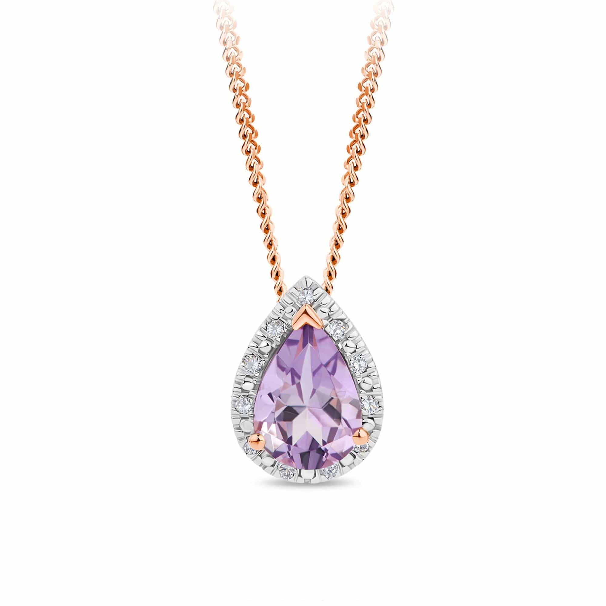 Purple Amethyst & Diamond Pear Halo Pendant in 9ct Rose Gold