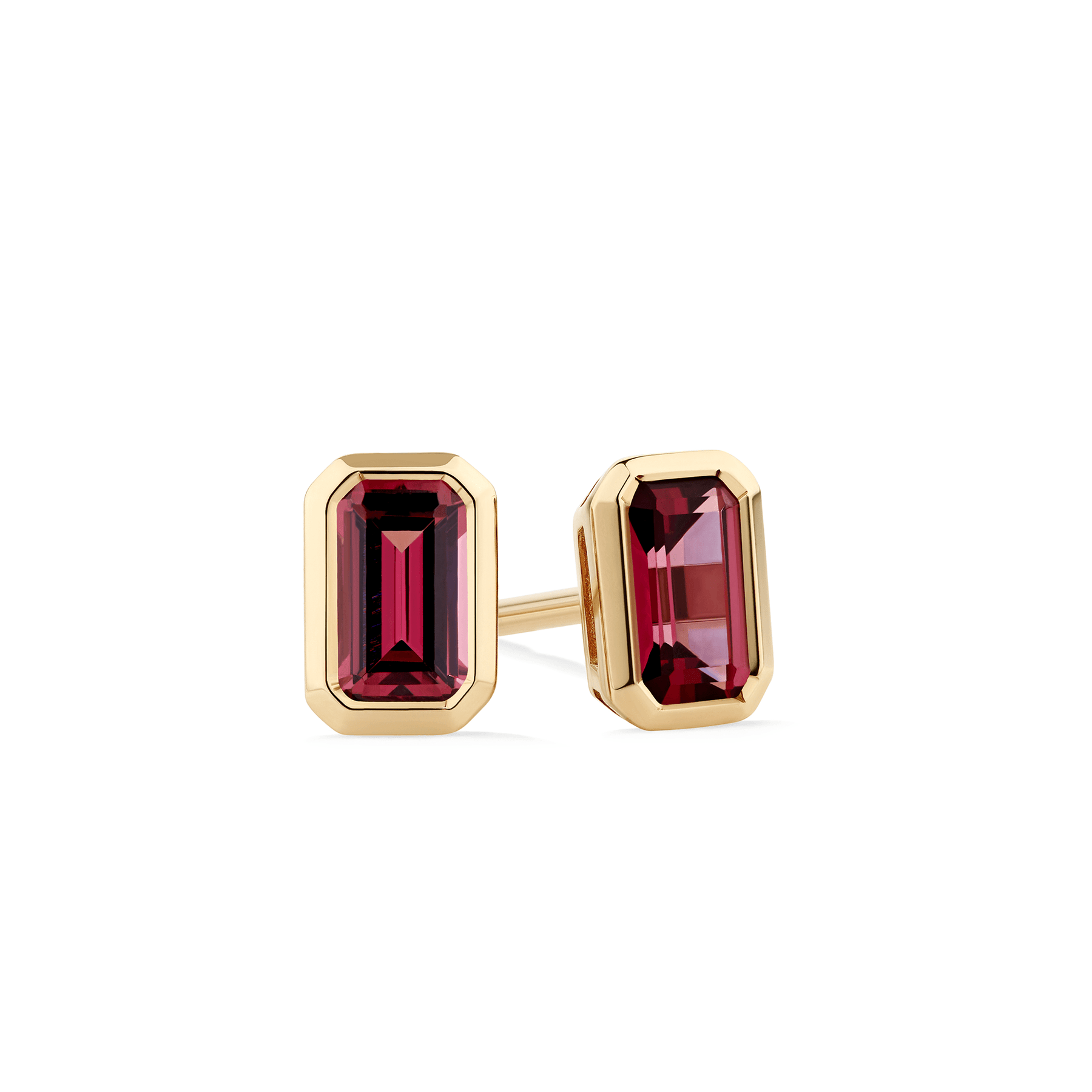 Rhodolite Garnet Emerald Cut Gemstone Stud Earrings in 9ct Yellow Gold - Wallace Bishop