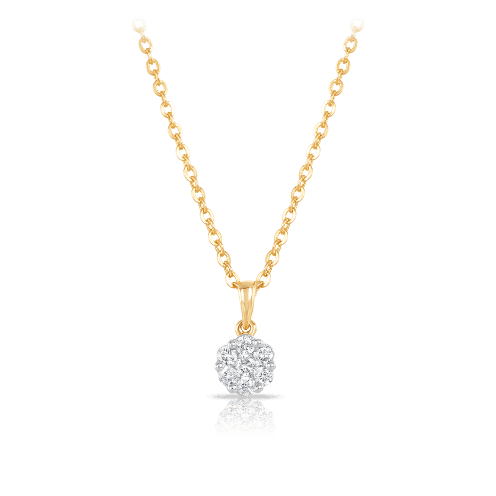 Round Brilliant Cut Diamond Cluster Pendant in Yellow Gold on a chain
