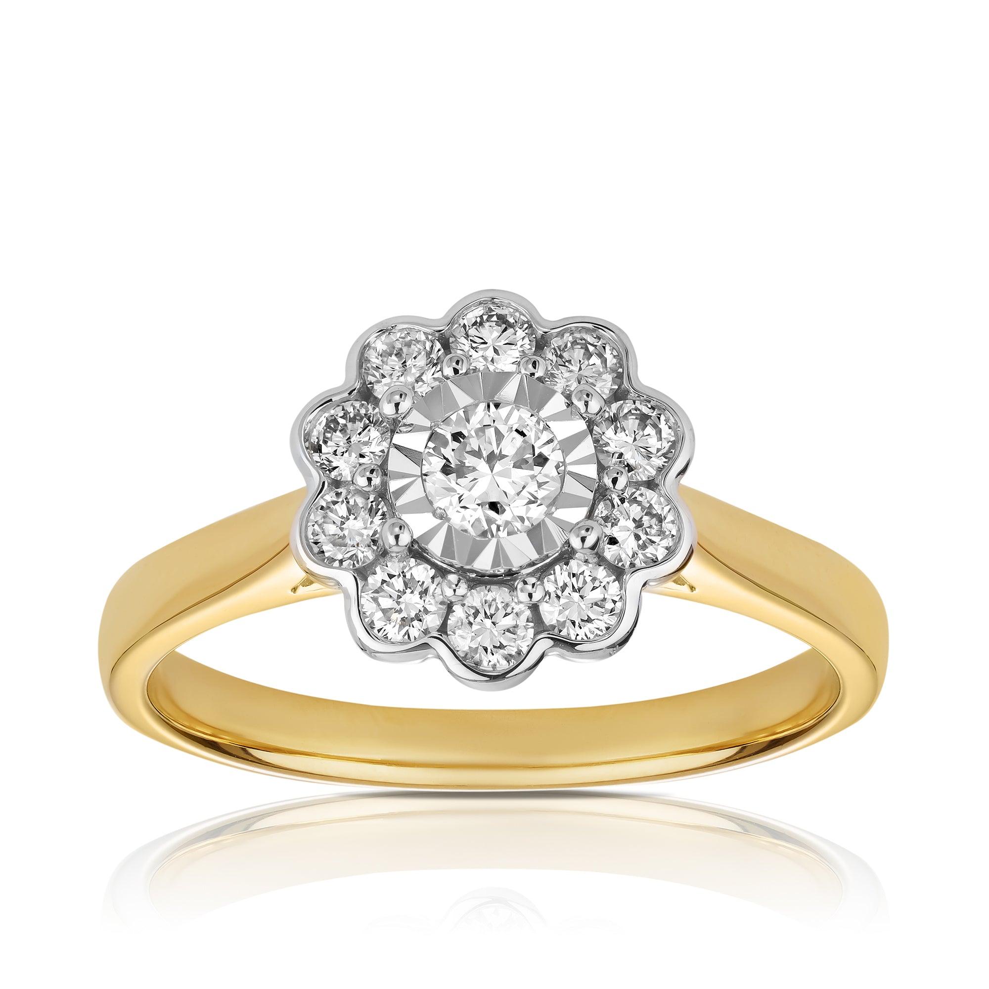 Round Brilliant Cut Diamond Flower Ring in 9ct Yellow Gold TDW 0.50ct - Wallace Bishop