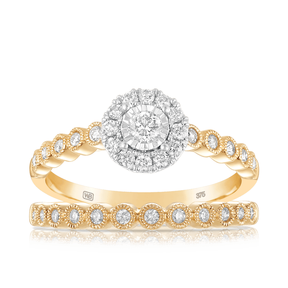 Round Brilliant Cut Diamond Halo Engagement & Wedding Bridal Set Rings in 9ct Yellow Gold - Wallace Bishop