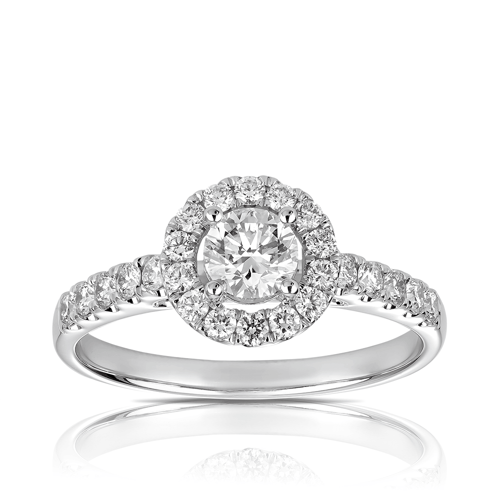 Round Brilliant Cut Diamond Halo Engagement Ring set in 18ct White Gold TDW 1.00ct - Wallace Bishop