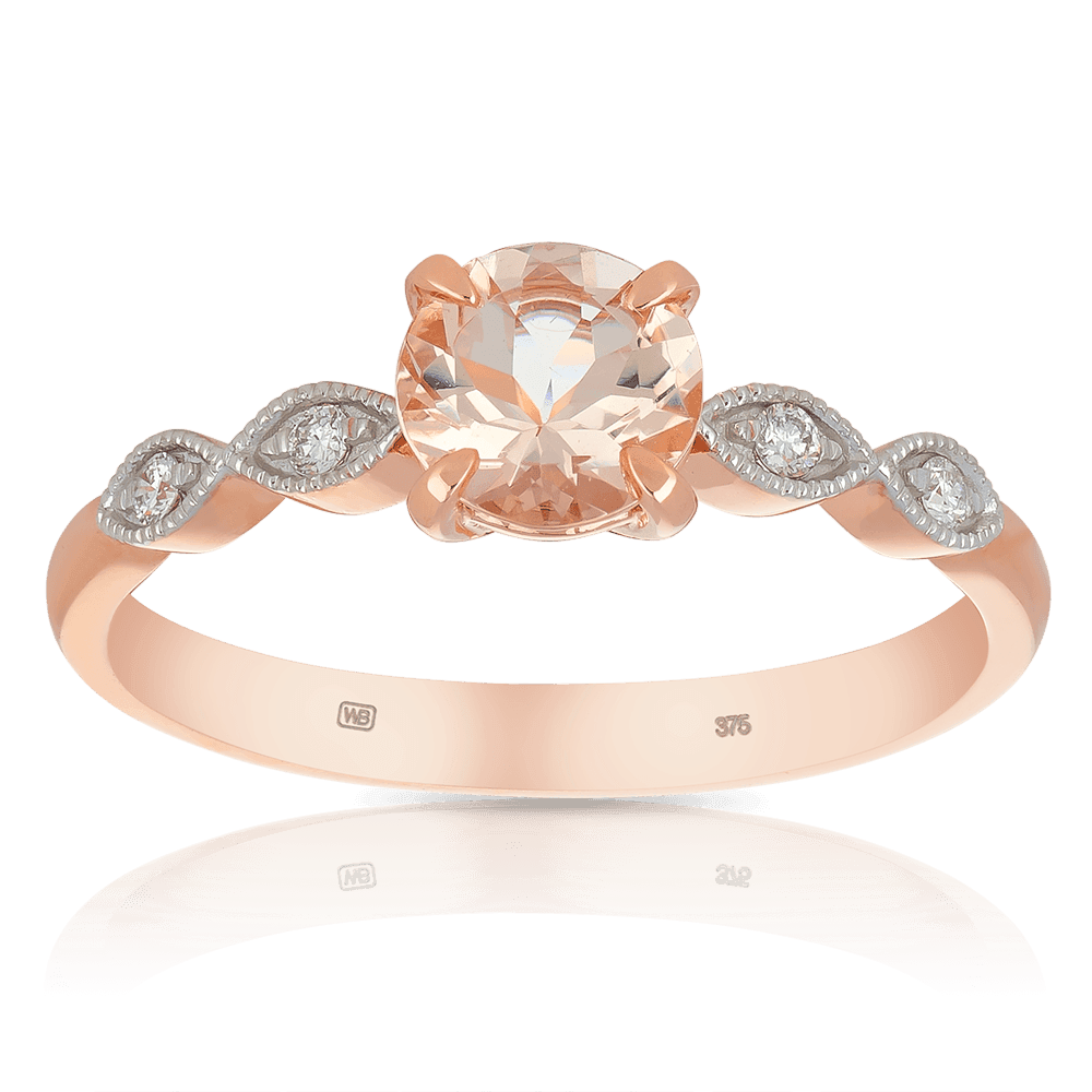 Round Brilliant Cut Morganite & Diamond Ring in 9ct Rose and White Gold