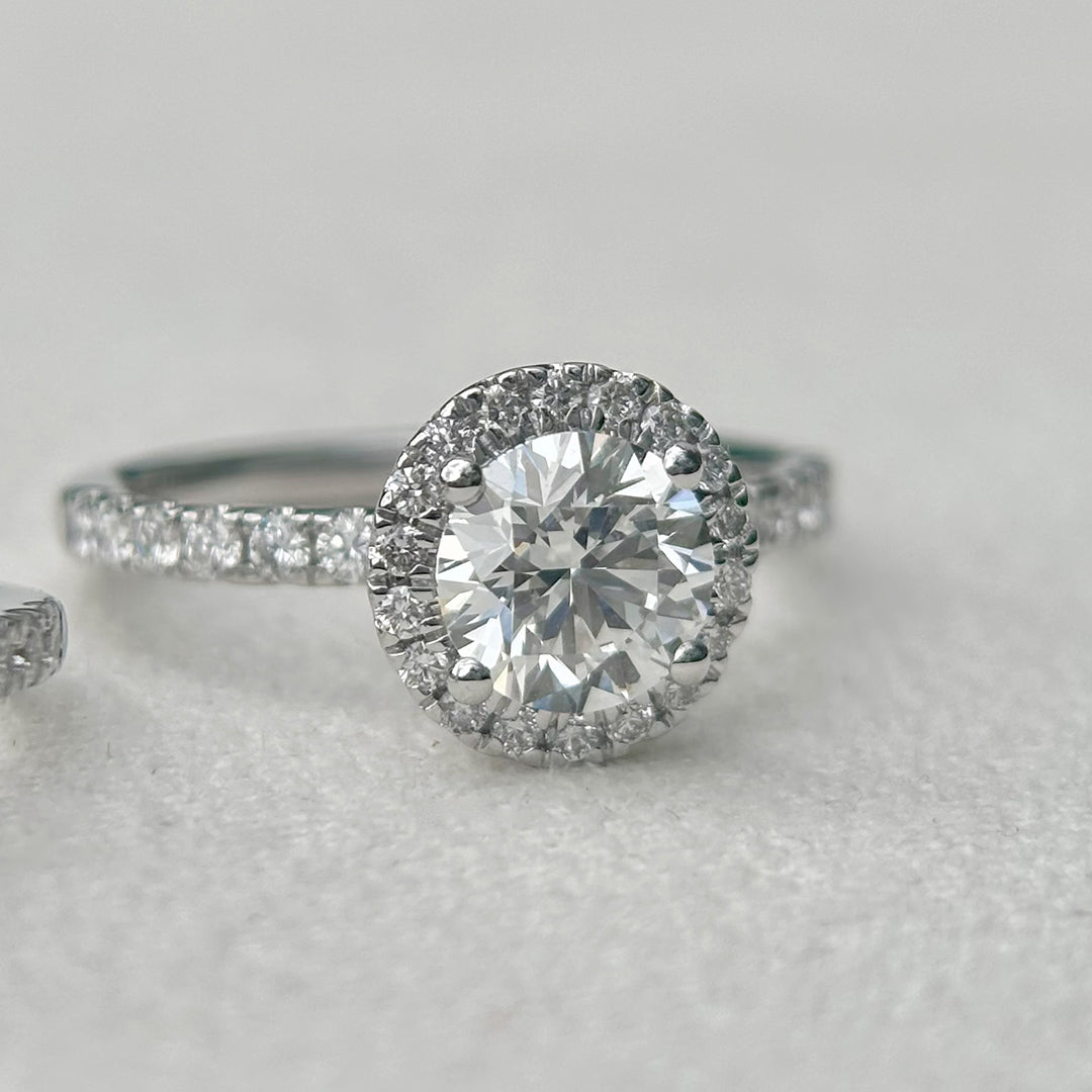 Everlasting 1.79ct TW Round Brilliant Lab-Grown Diamond Classic Halo Pave Band Engagement Ring in 18ct White Gold