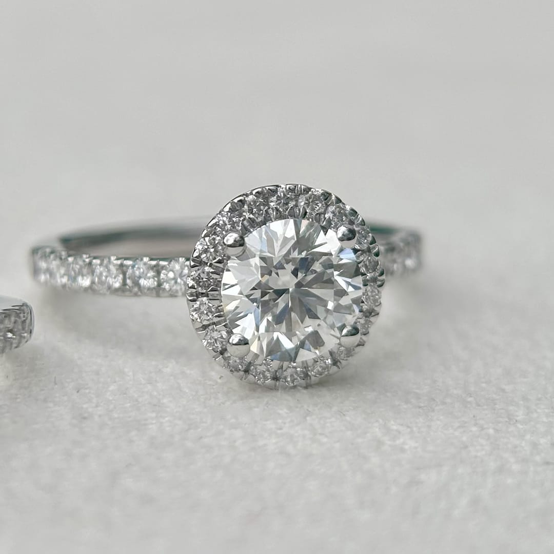 Everlasting 1.79ct TW Round Brilliant Lab-Grown Diamond Classic Halo Pave Band Engagement Ring in 18ct White Gold