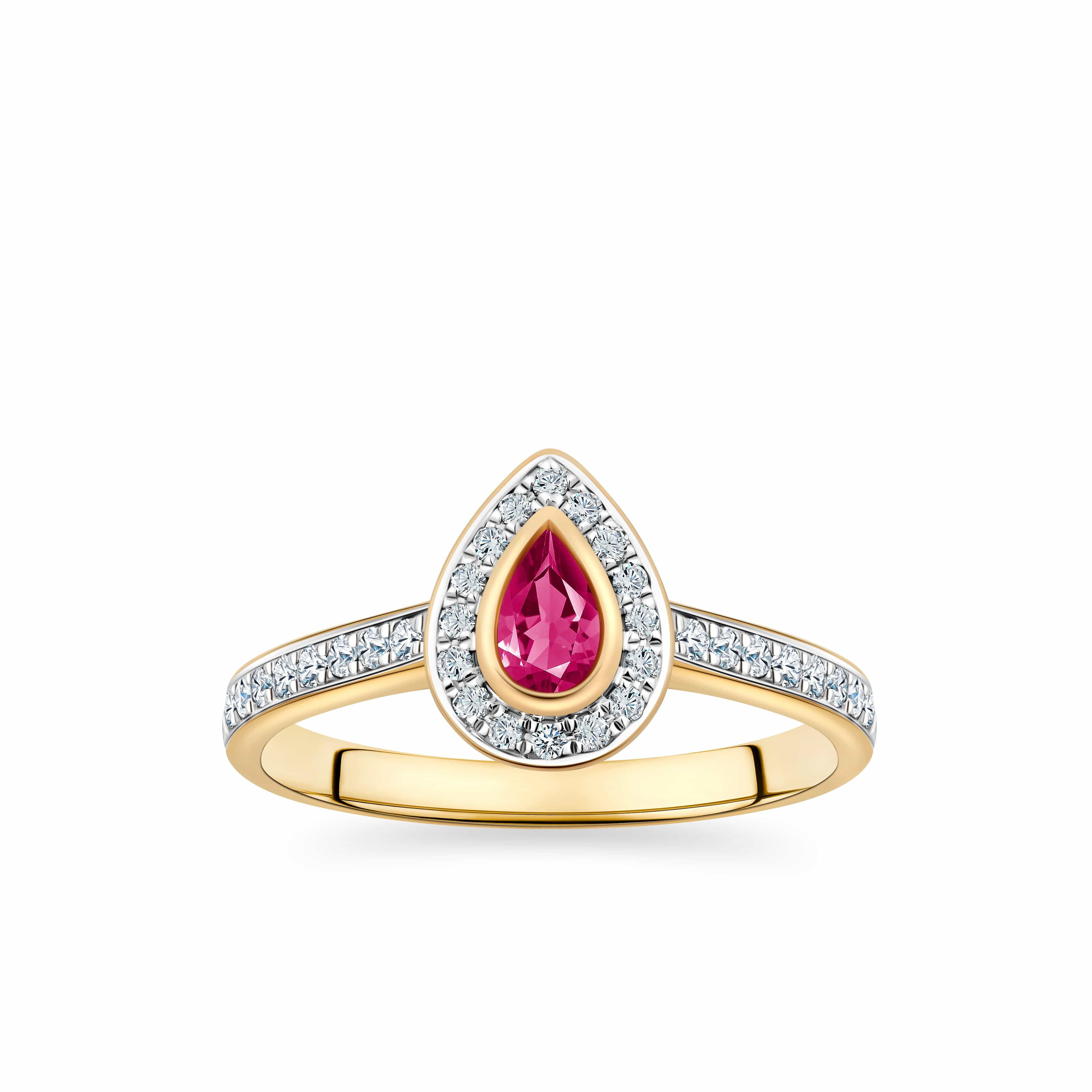 Ruby and Diamond Halo Ring in 9ct Yellow Gold