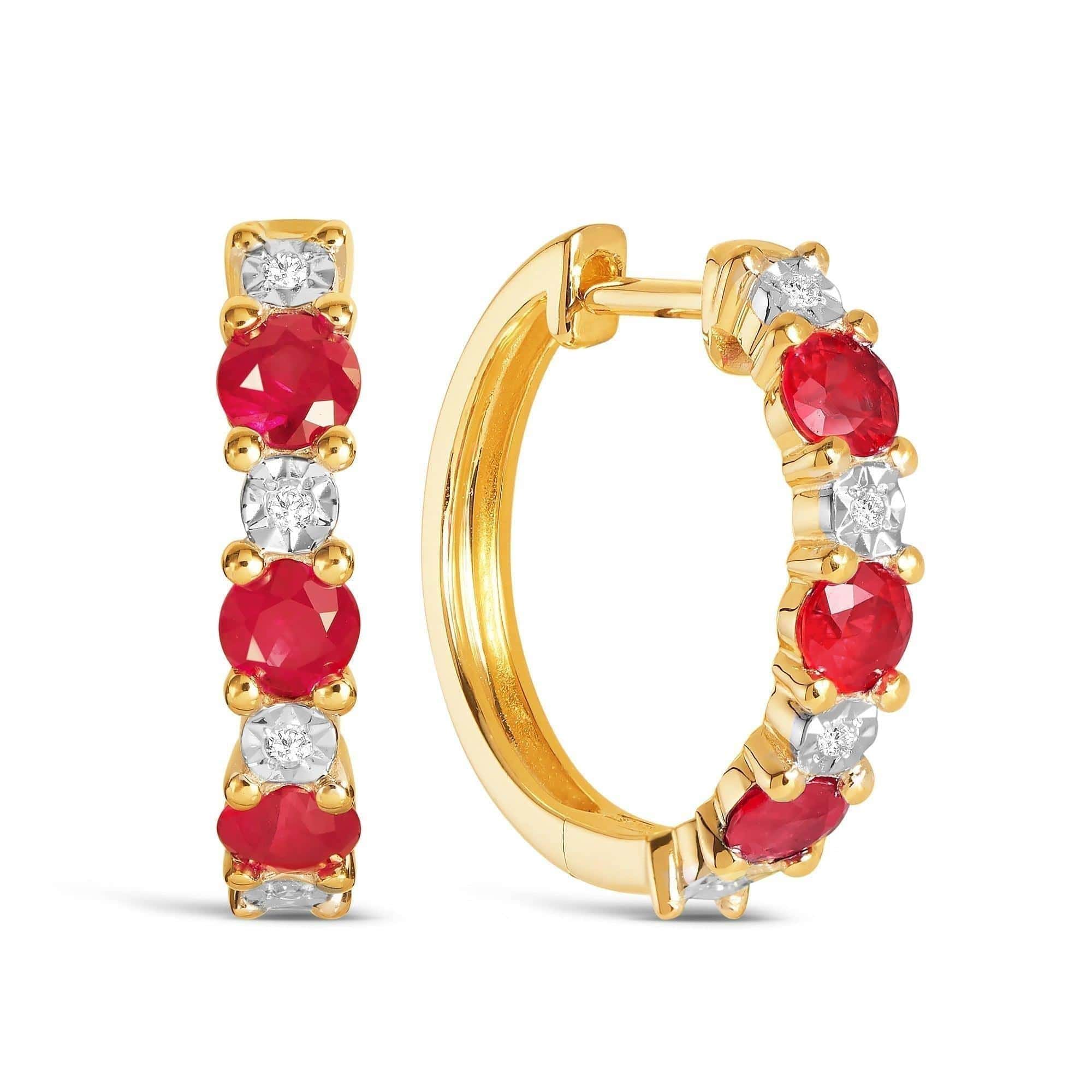 Ruby & Diamond Huggie Hoop Earrings in 9ct Yellow Gold