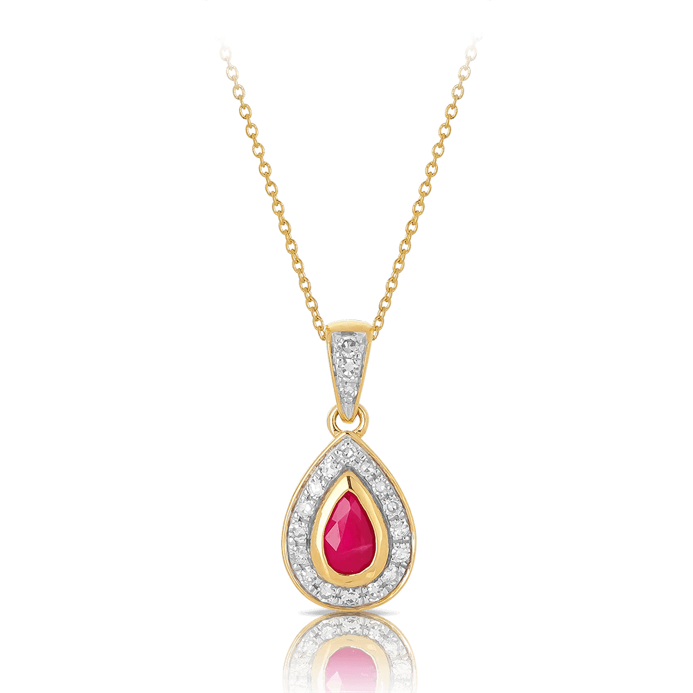 Ruby & Diamond Pear Shape Halo Pendant 9ct Yellow Gold