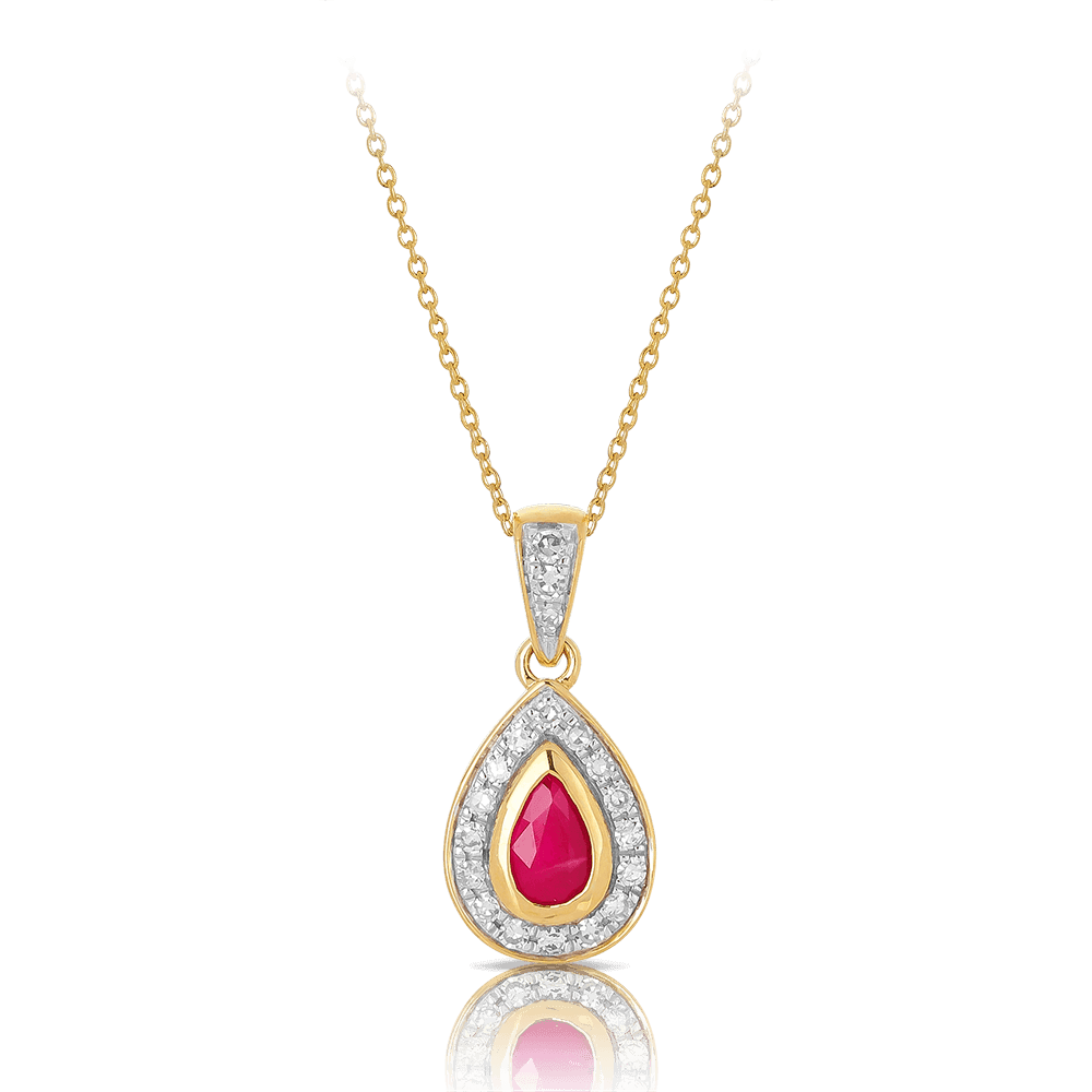 Ruby & Diamond Pear Shape Halo Pendant 9ct Yellow Gold - Wallace Bishop