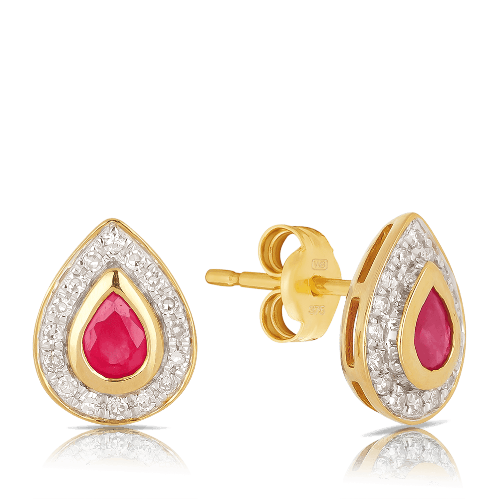 Ruby & Diamond Pear Shape Halo Stud Earrings in 9ct Yellow Gold