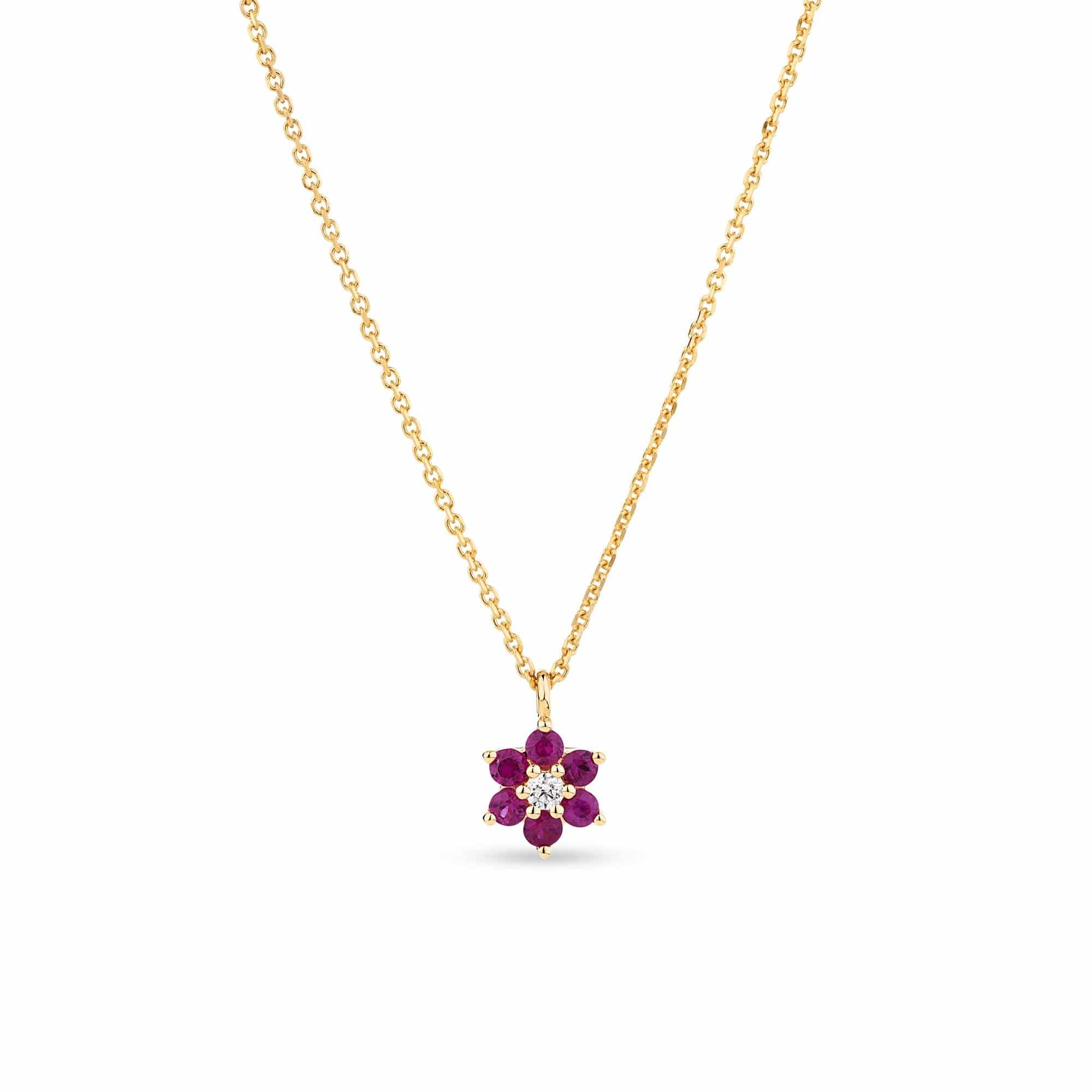 Ruby and Diamond Petite Flower Necklace in 9ct Yellow Gold