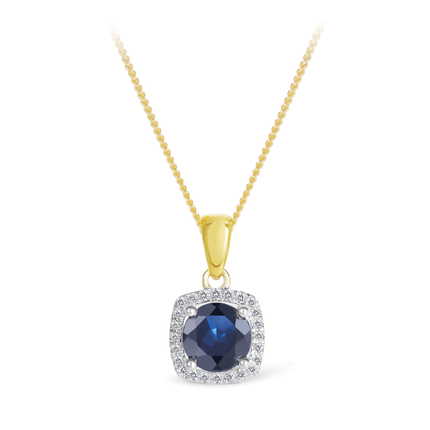 Sapphire & Diamond Cushion Halo Pendant in 9ct Yellow Gold