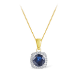 Sapphire & Diamond Cushion Halo Pendant in 9ct Yellow Gold