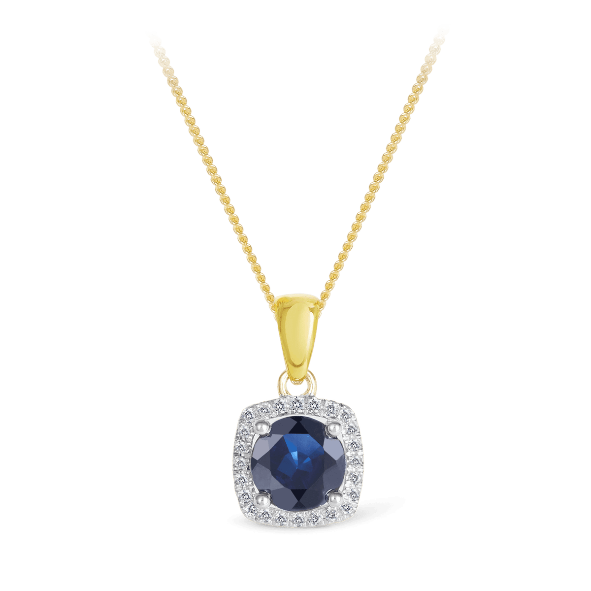 Sapphire & Diamond Cushion Halo Pendant in 9ct Yellow Gold - Wallace Bishop