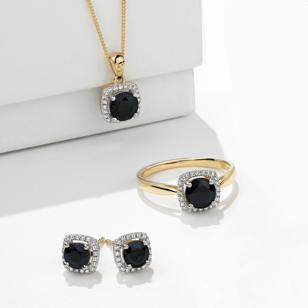 Sapphire & Diamond Cushion Halo Pendant in 9ct Yellow Gold