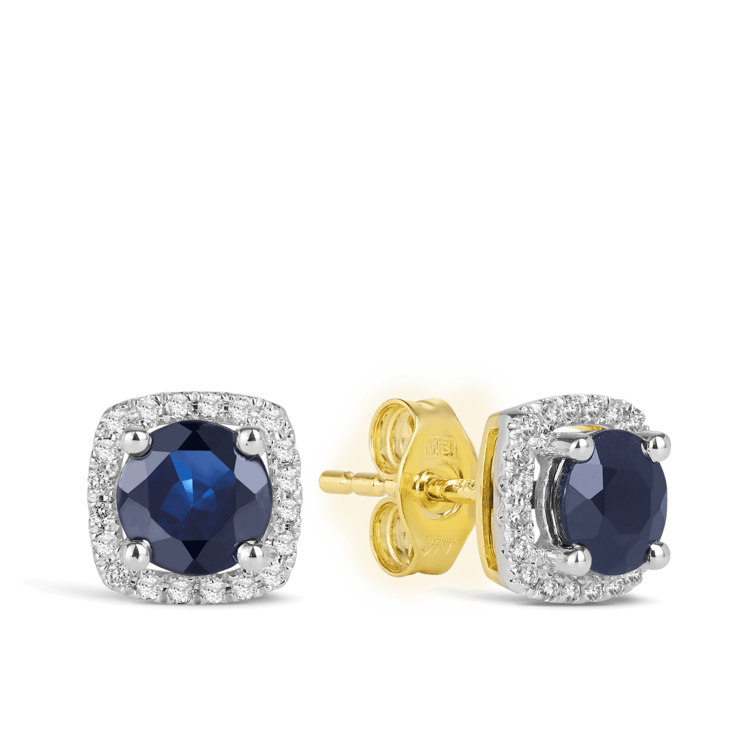 Sapphire & Diamond Cushion Halo Stud Earrings in 9ct Yellow Gold