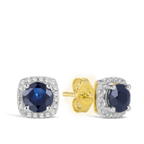 Sapphire & Diamond Cushion Halo Stud Earrings in 9ct Yellow Gold