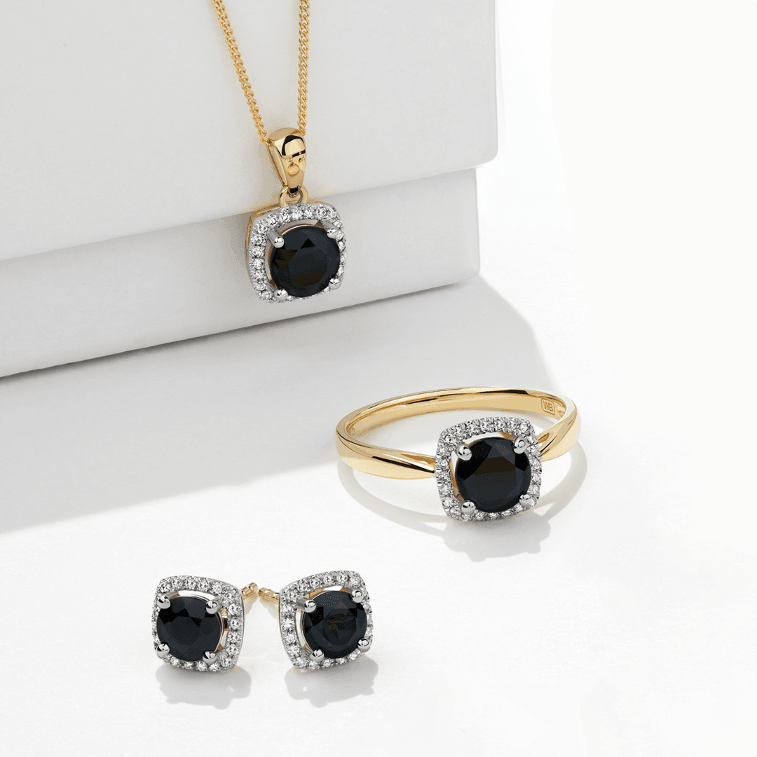 Sapphire & Diamond Cushion Halo Stud Earrings in 9ct Yellow Gold