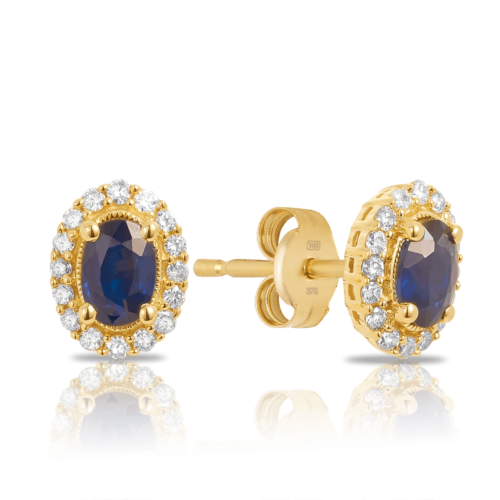 Sapphire & Diamond Oval Shape Stud Earrings in 9ct Yellow Gold