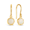 A pair of 9ct yellow gold shepherd's hook drop earrings shown front on, featuring a 6mm white opal set in a minimalist gold bezel. Styled as an October birthstone piece.
